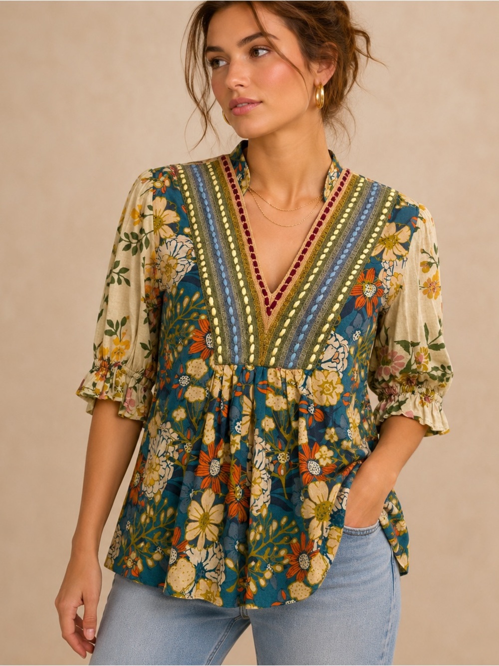 Anthropologie Bl^nk London Stephanie Floral Embroidered Boho Top Small